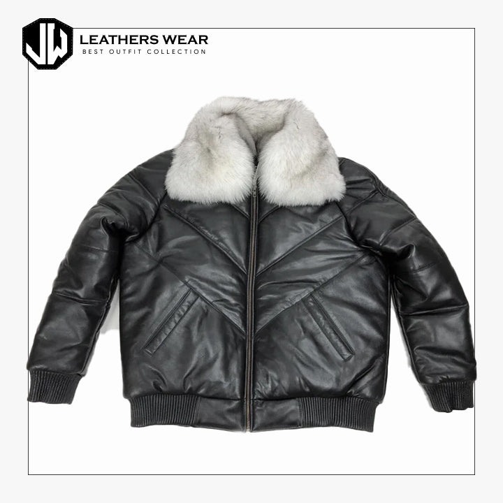 Mens Leather V Bomber Jacket with Fox Fur