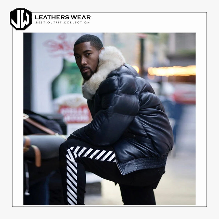 Mens Leather V Bomber Jacket with Fox Fur