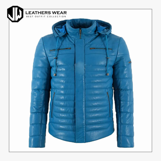 Mens Puffer Hooded Leather Sport Jacket Leathers Wear