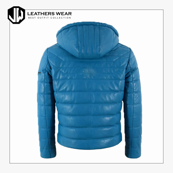 Mens Puffer Hooded Leather Sport Jacket Leathers Wear