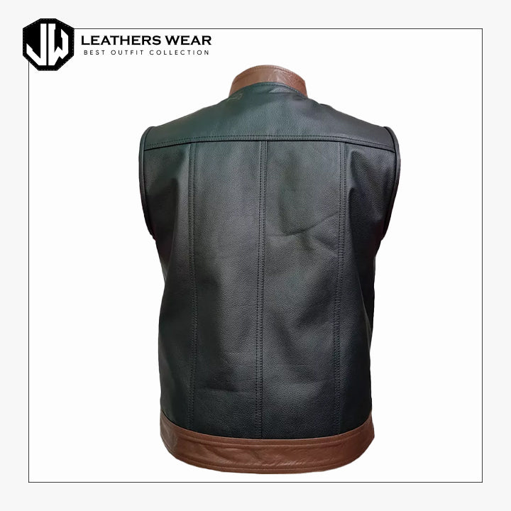 Mens Pure Black and Brown Leather Vest