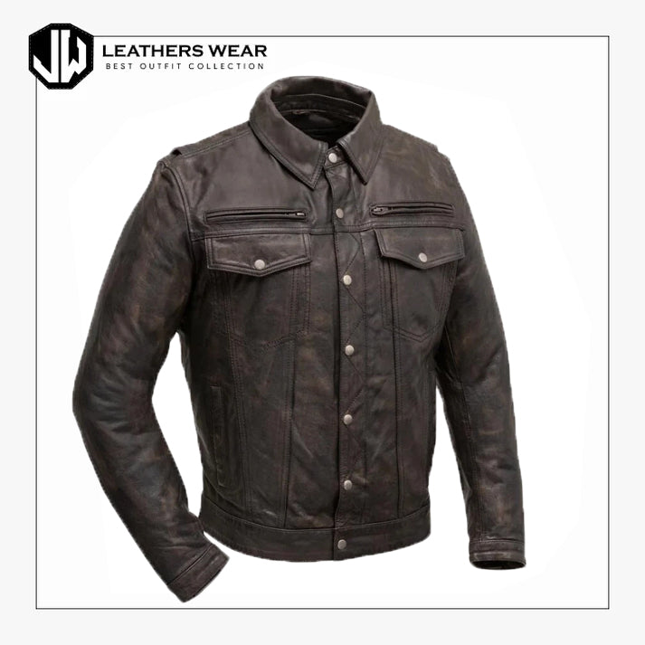 Mens Real Distressed Leather Trucker Jacket