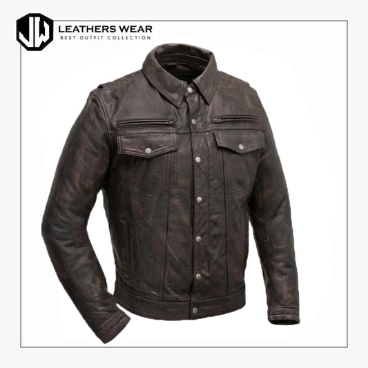 Mens Real Distressed Leather Trucker Jacket