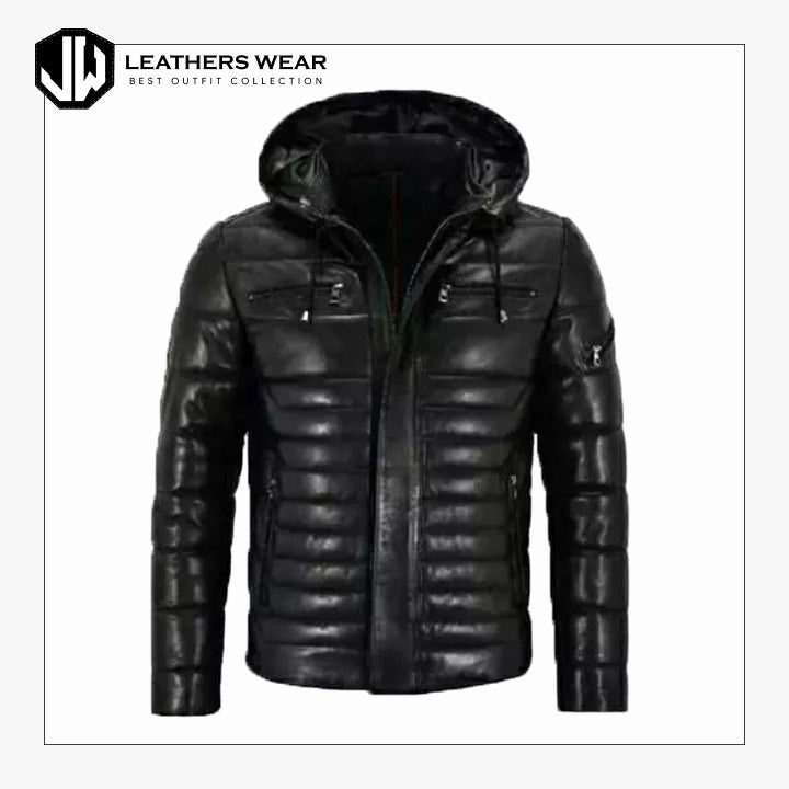 Mens Real Puffer Hooded Leather Jacket