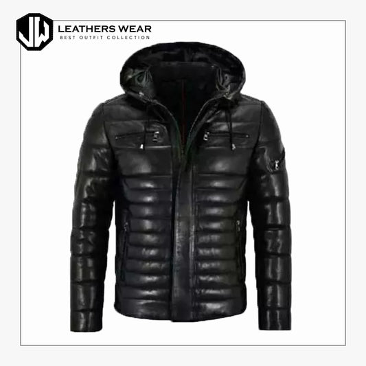 Mens Real Puffer Hooded Leather Jacket