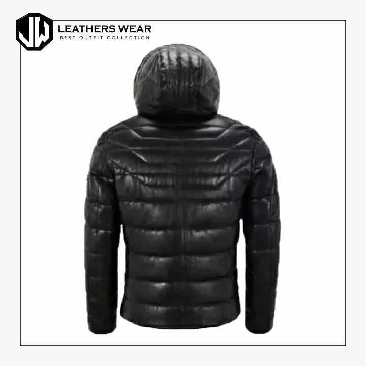 Mens Real Puffer Hooded Leather Jacket