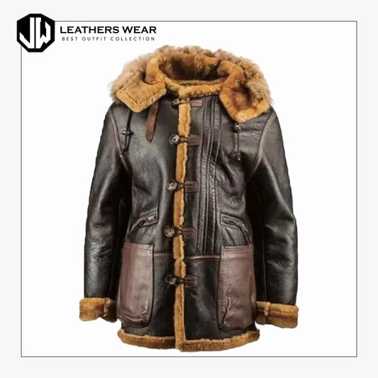 Mens Shearling Coat with Hood Leathers Wear