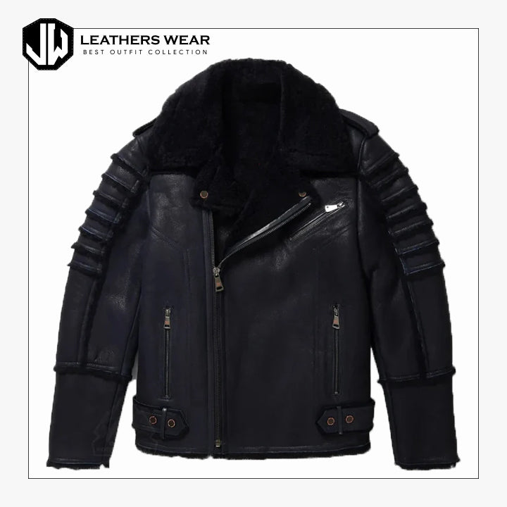 Mens Sheep Skin Shearling Moto Jacket Leathers Wear