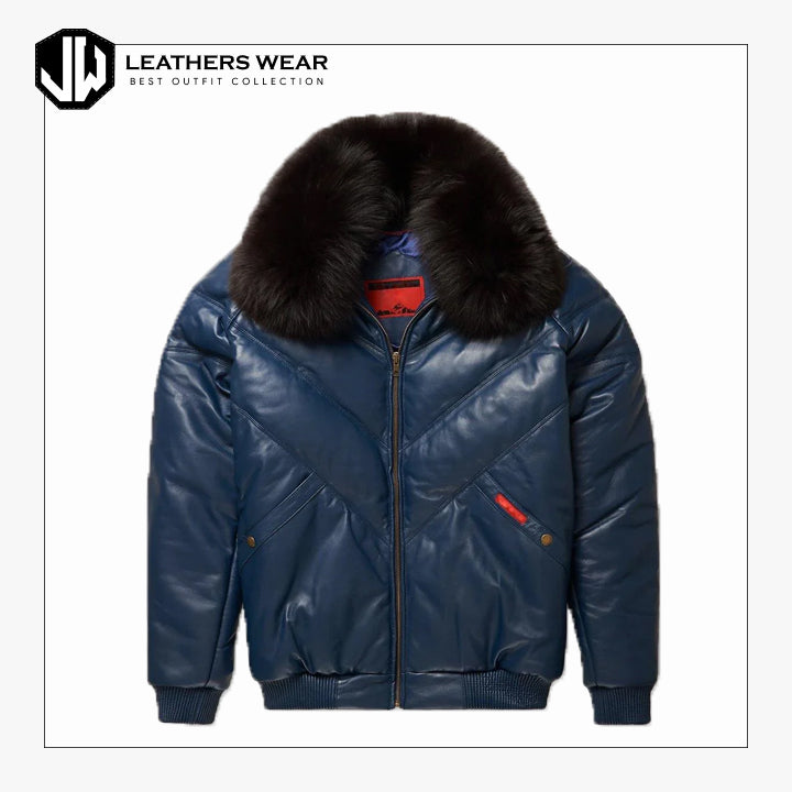 Mens V-Bomber Navy Leather Jacket Leathers Wear