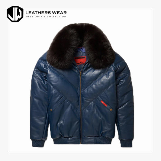 Mens V-Bomber Navy Leather Jacket Leathers Wear