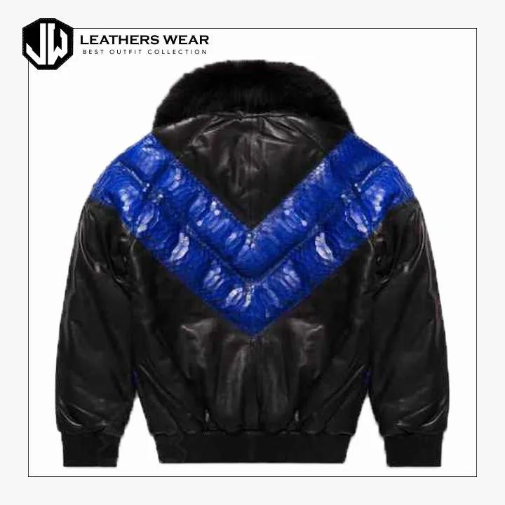 Mens V Bomber Blue Python Skin Leather Jacket Leathers Wear