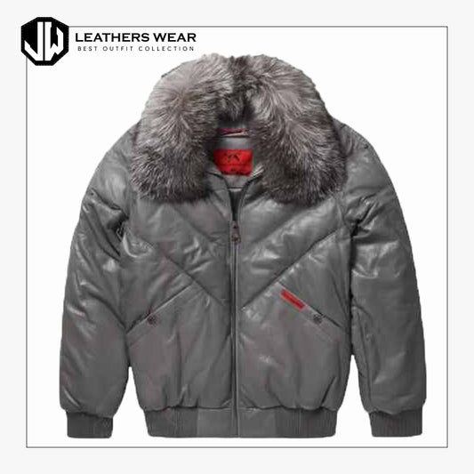 Mens V Bomber Grey Leather Jacket Leathers Wear