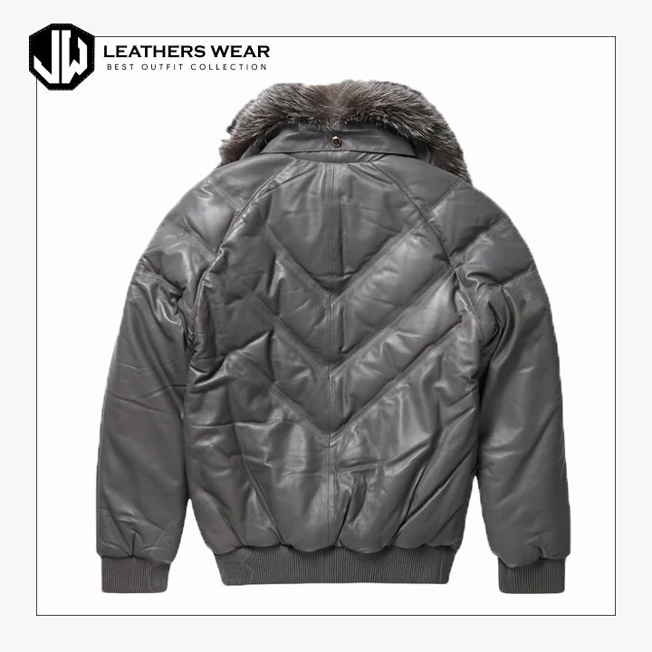 Mens V Bomber Grey Leather Jacket Leathers Wear