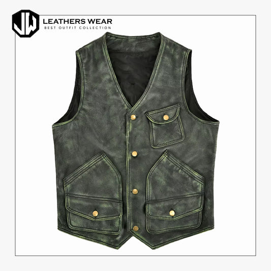 Mens Vintage Leather Vest Green