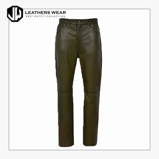 Mens Leather Trouser Olive Green