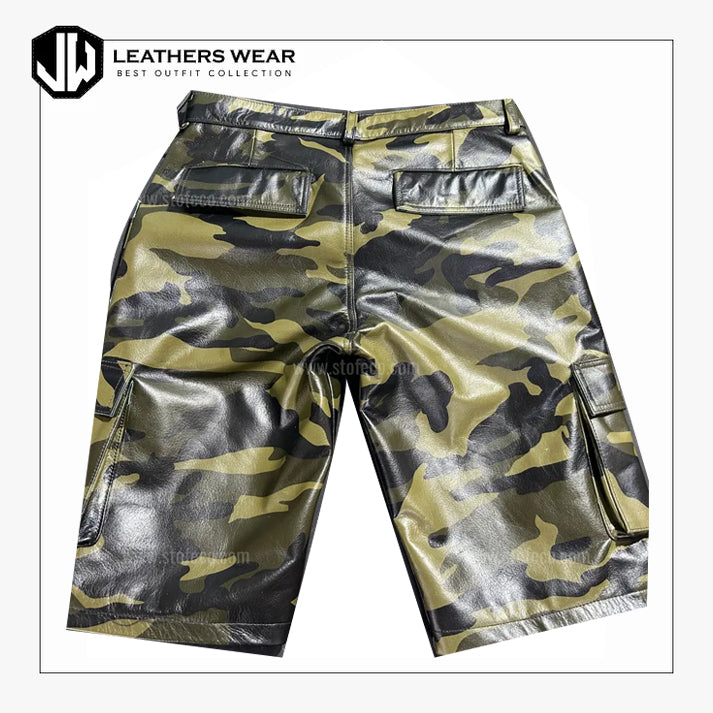 Mens camo leather cargo shorts