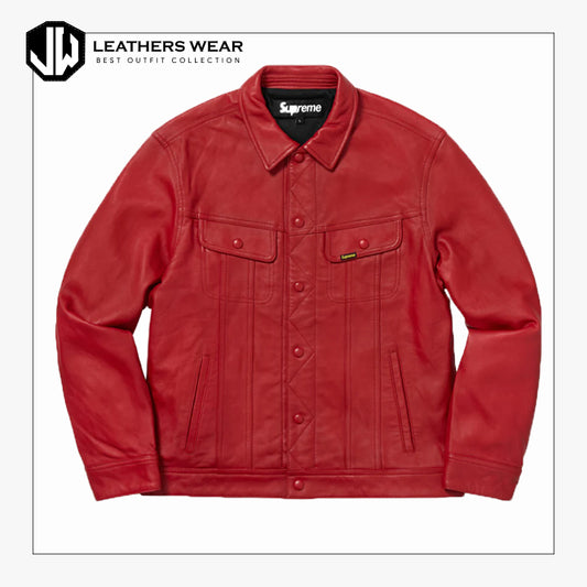New Red Leather Trucker Jacket Leathers Wear
