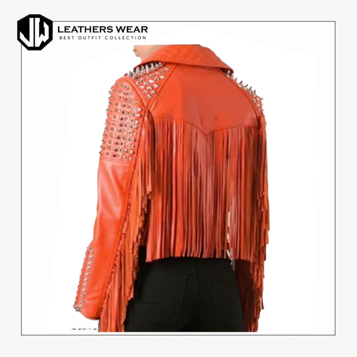 Orange Fringes Studded Leather Jacket