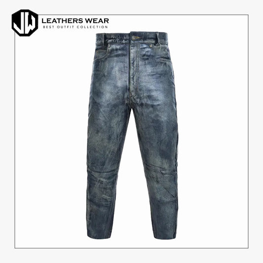 Real Leather Distressed Jeans Style Pants