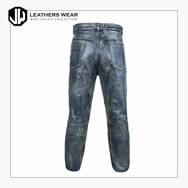 Real Leather Distressed Jeans Style Pants