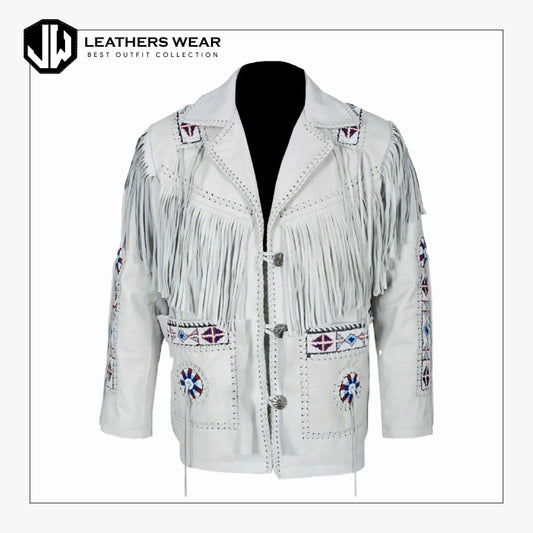 Western Cowboy Fringe White Leather Jacket Leathers Wear