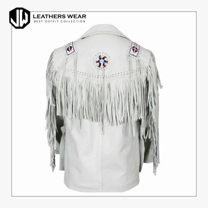 Western Cowboy Fringe White Leather Jacket Leathers Wear
