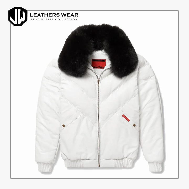 Real White V-Bomber Leather Jacket For Men Leathers Wear