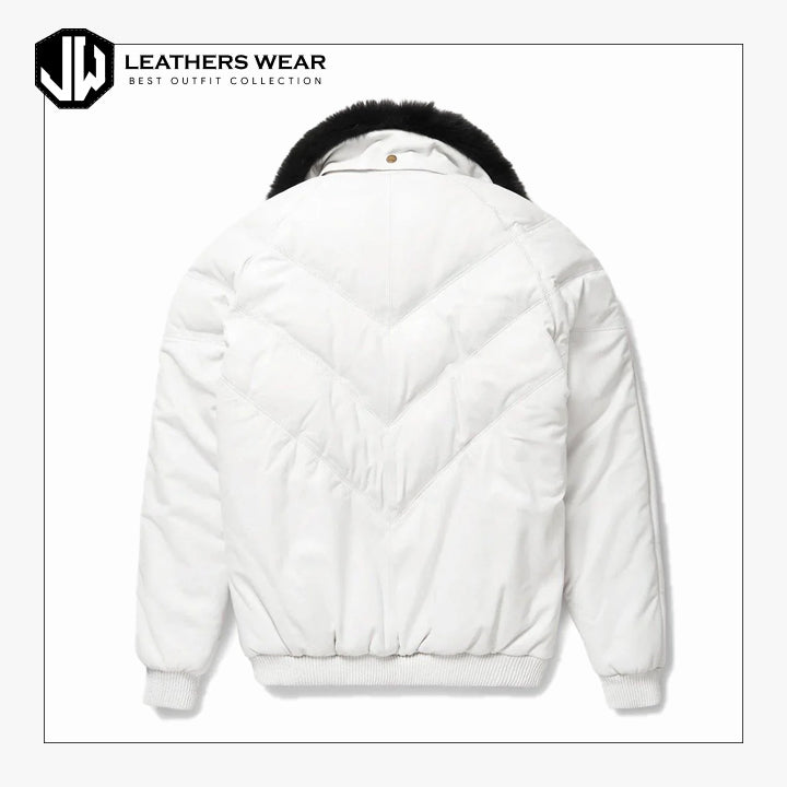 Real White V-Bomber Leather Jacket For Men Leathers Wear