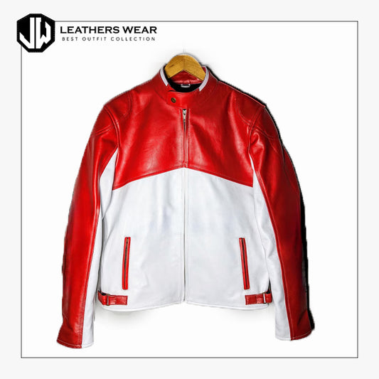 Red & White Leather Biker Jacket