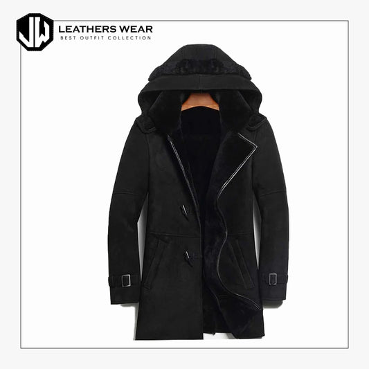 Mens Black Genuine Shearling Leather Coat Leathers Wear