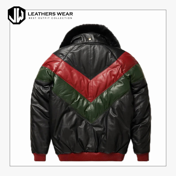 Three Tone Red Green And Black V Bomber Leather Jacket Leathers Wear