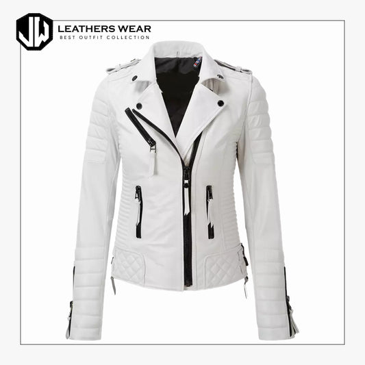 White Biker  Leather Jacket Women
