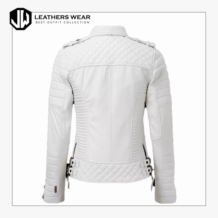 White Biker  Leather Jacket Women