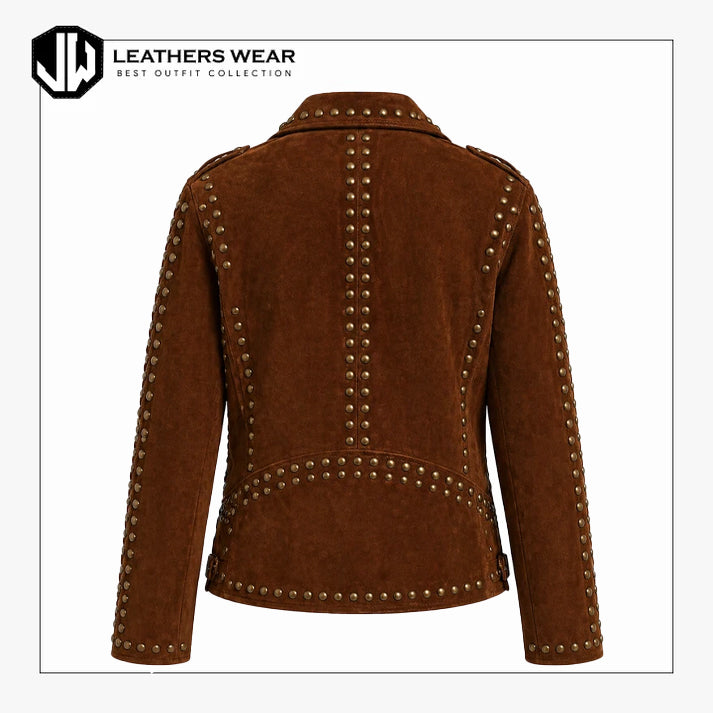 Women Brown Suede Studded Biker Jacket
