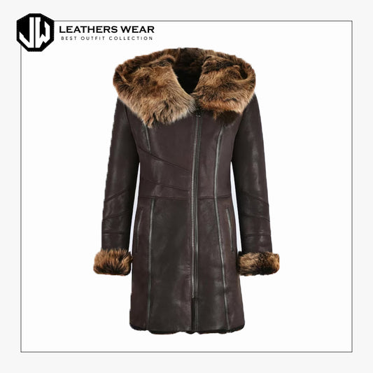 Women's Brown Hooded Shearling Coat