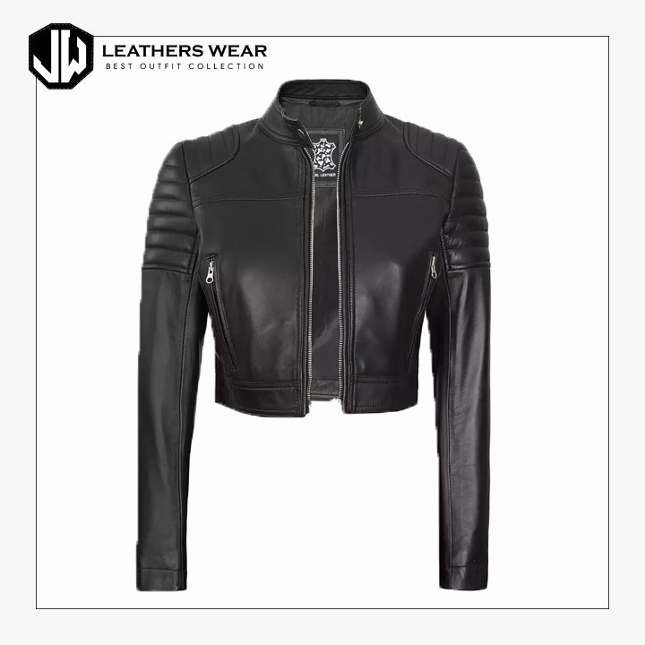Womens Bomber Moto Cropped Leather Jacket