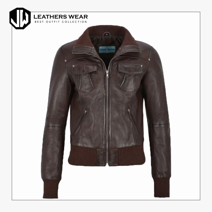Womens Brown Bomber Leather Jacket Leathers Wear