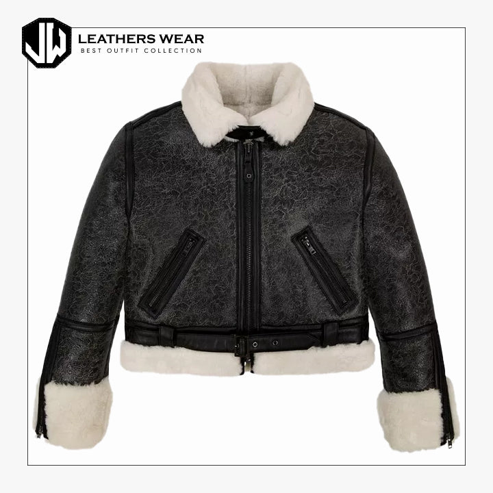 Womens Cropped Shearling Leather Jacket