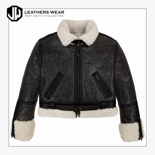 Womens Cropped Shearling Leather Jacket