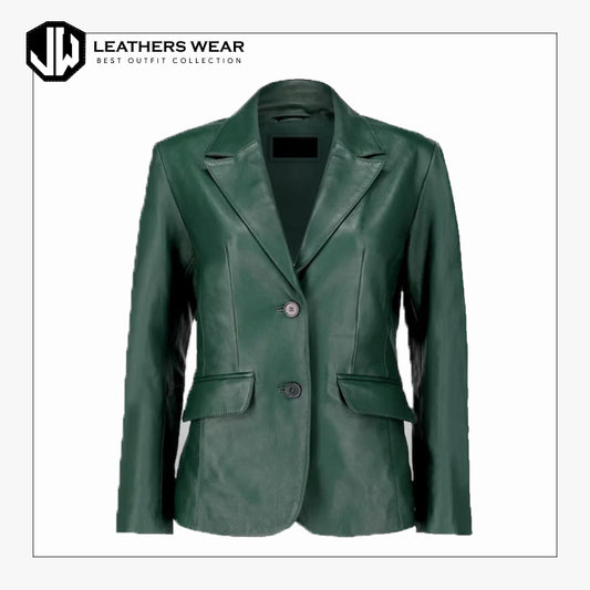 Womens Green Genuine Leather Blazer Leathers Wear
