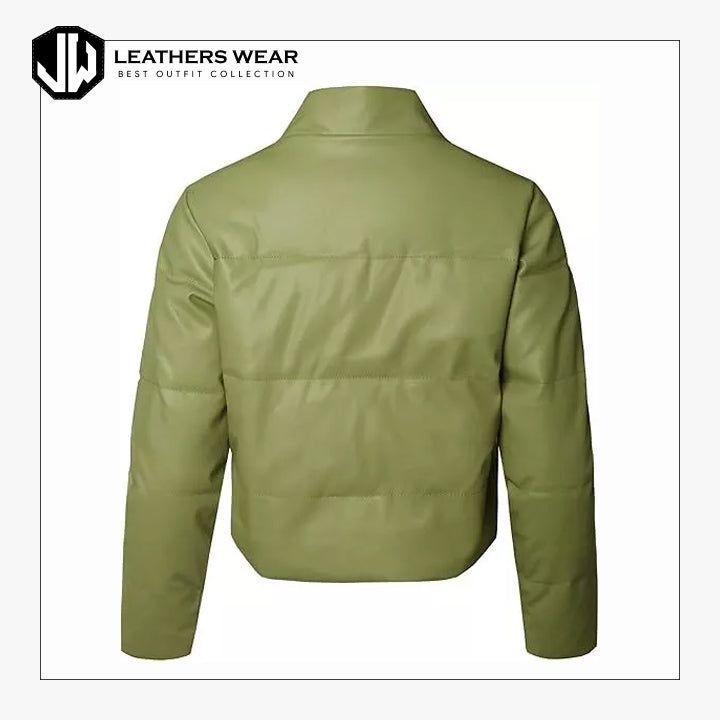 Womens High Neck Quilted Leather Puffer Jacket