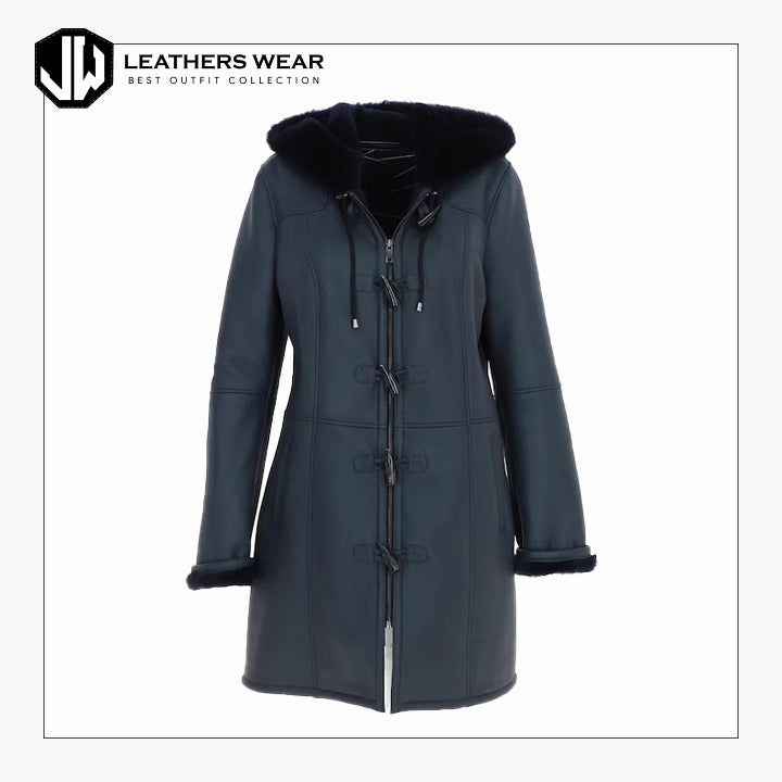 Womens Hooded Shearling Duffle Coat