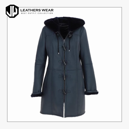 Womens Hooded Shearling Duffle Coat