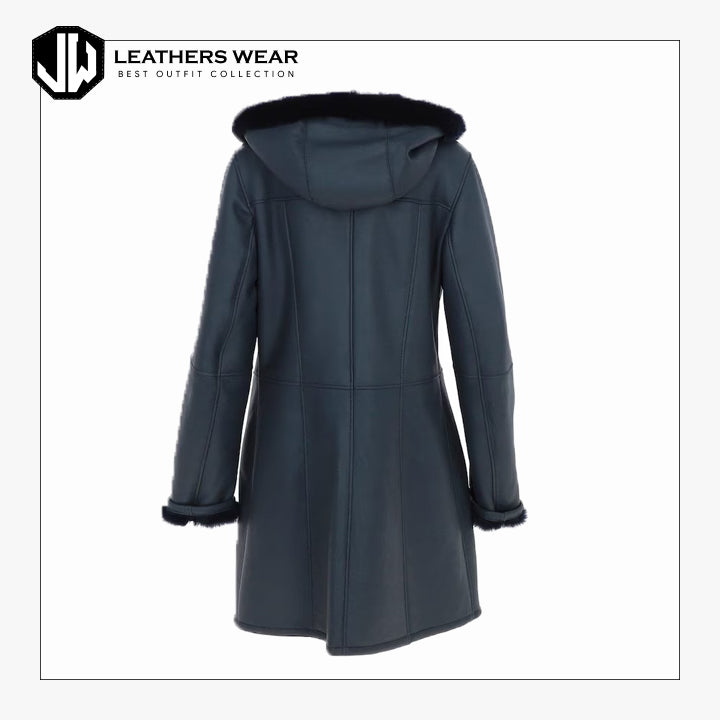 Womens Hooded Shearling Duffle Coat