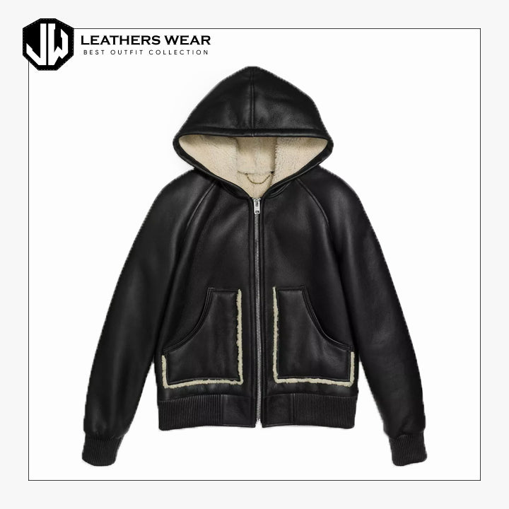 Womens Leather Shearling Hoodie Jacket