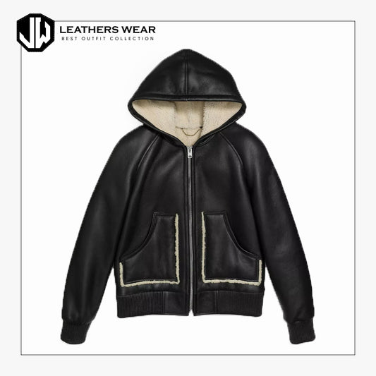 Womens Leather Shearling Hoodie Jacket