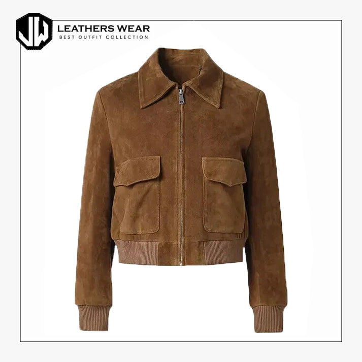 Womens Suede Leather Bomber Jacket