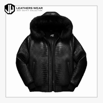 Black Crocodile Skin Hooded Motorcycle Jacket