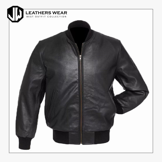 Black Lambskin Leather Baseball Bomber Jacket