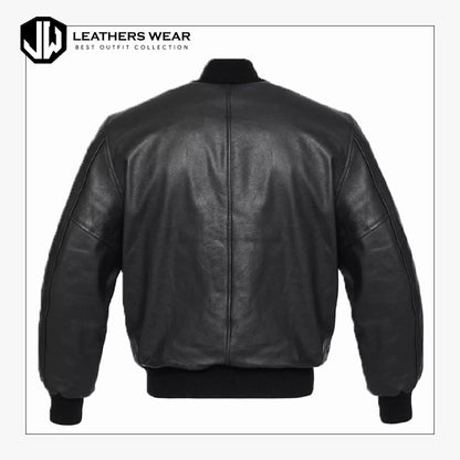 Black Lambskin Leather Baseball Bomber Jacket